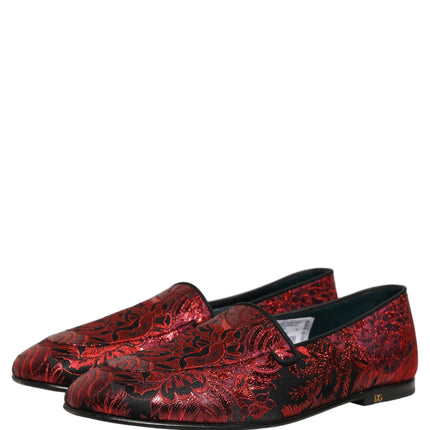 Dolce & Gabbana Red Floral Jacquard Slip On Loafers Shoes