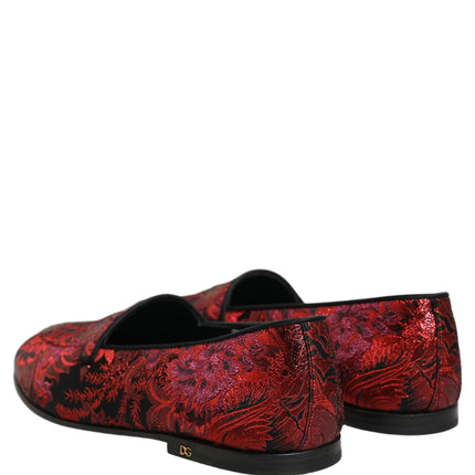 Dolce & Gabbana Red Floral Jacquard Slip On Loafers Shoes