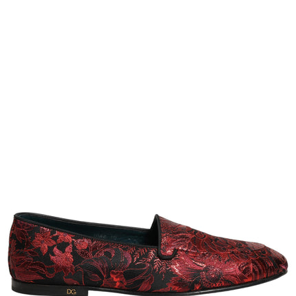 Dolce & Gabbana Red Floral Jacquard Slip On Loafers Shoes