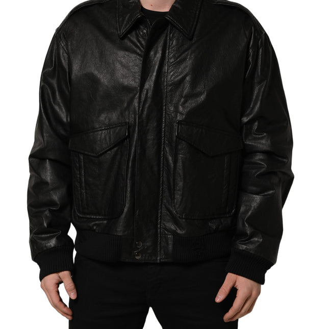 Dolce & Gabbana Black Leather Full Zip Men Biker Jacket