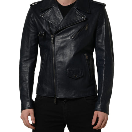Dolce & Gabbana Black Leather Men Biker Coat Goatskin Jacket