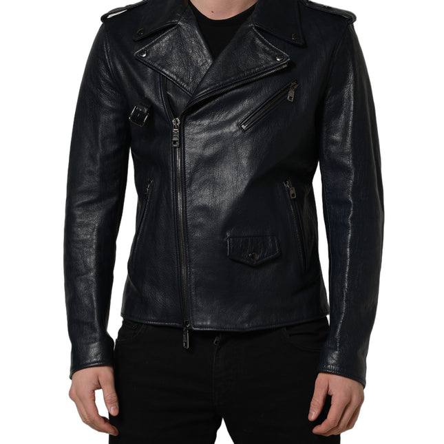 Dolce & Gabbana Black Leather Men Biker Coat Goatskin Jacket