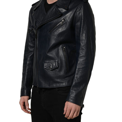 Dolce & Gabbana Black Leather Men Biker Coat Goatskin Jacket