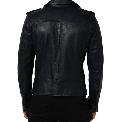 Dolce & Gabbana Black Leather Men Biker Coat Goatskin Jacket