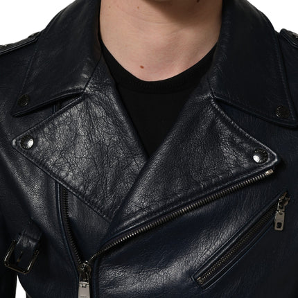 Dolce & Gabbana Black Leather Men Biker Coat Goatskin Jacket