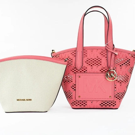Michael Kors Kimber Small Tea Rose Leather 2-In-1 Zip Tote Messenger Bag Purse
