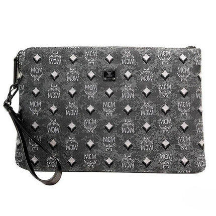 MCM Veritas Medium Dark Grey Denim Monogram Logo Canvas Clutch Pouch Handbag