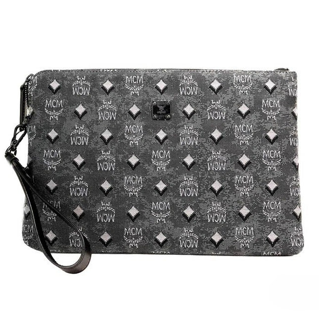 MCM Veritas Medium Dark Grey Denim Monogram Logo Canvas Clutch Pouch Handbag