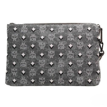 MCM Veritas Medium Dark Grey Denim Monogram Logo Canvas Clutch Pouch Handbag