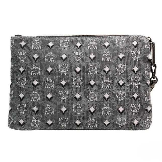 MCM Veritas Medium Dark Grey Denim Monogram Logo Canvas Clutch Pouch Handbag