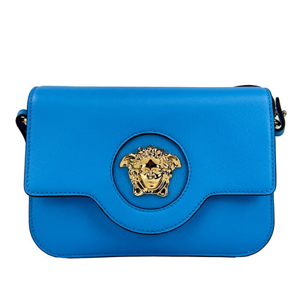 Versace La Medusa Blue Leather Shoulder Crossbody Bag Purse