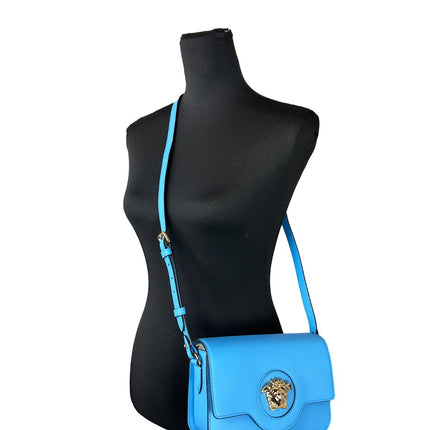 Versace La Medusa Blue Leather Shoulder Crossbody Bag Purse
