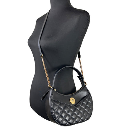 Versace Quilted Black Leather Half Moon Chain Crossbody Bag
