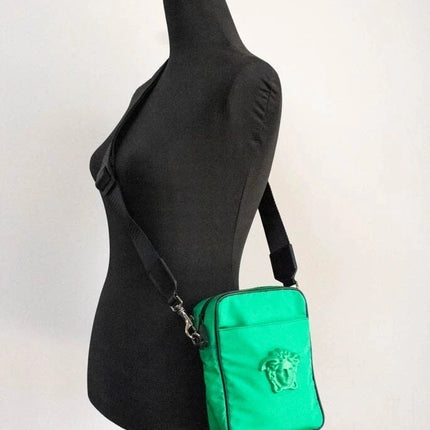 Versace Small Bright Green Nylon Fabric Medusa Crossbody Messenger Bag Purse