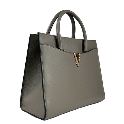 Versace Virtus Large Leather Top Handle Satchel Bag Tote Gray