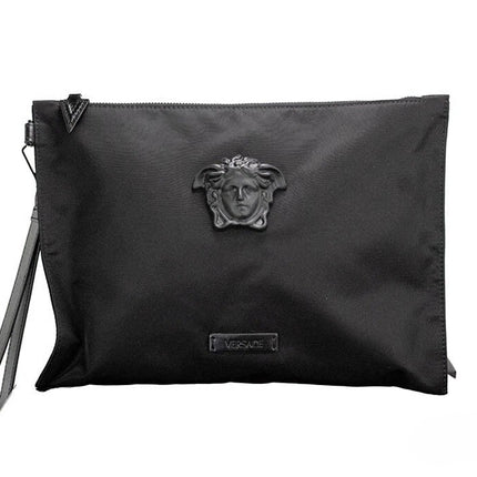 Versace Large Black Nylon Fabric Medusa Convertible Pouch Clutch Wristlet Bag