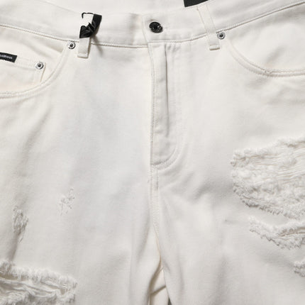 Dolce & Gabbana White Cotton Distressed Straight Denim Jeans