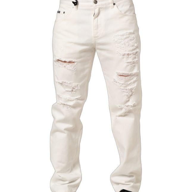 Dolce & Gabbana White Cotton Distressed Straight Denim Jeans