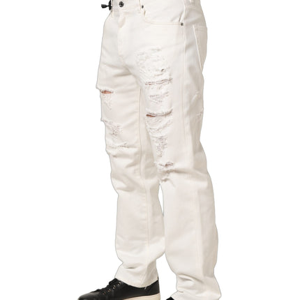 Dolce & Gabbana White Cotton Distressed Straight Denim Jeans
