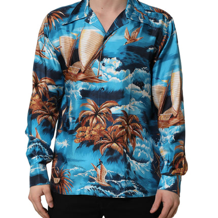 Dolce & Gabbana Blue Silk Twill Hawaiian GraphicPrint Shirt