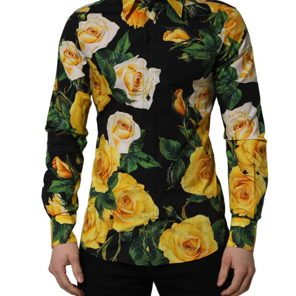 Dolce & Gabbana Black Floral Stretch Cotton SICILIA Fit Dress Shirt