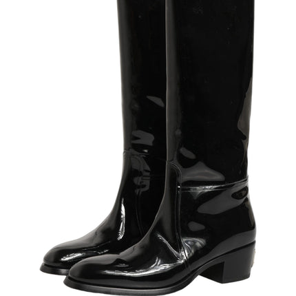 Dolce & Gabbana Black Leather Knee High Heels Boots Shoes