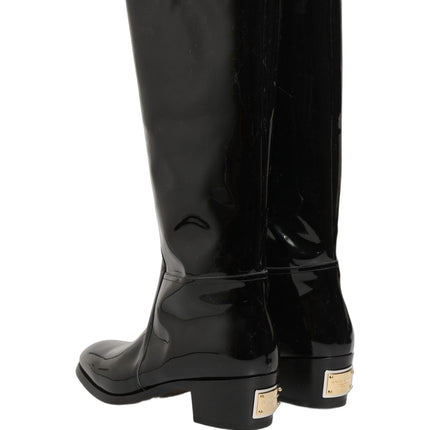 Dolce & Gabbana Black Leather Knee High Heels Boots Shoes