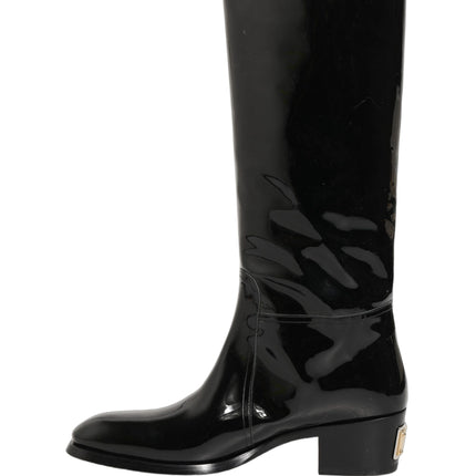 Dolce & Gabbana Black Leather Knee High Heels Boots Shoes