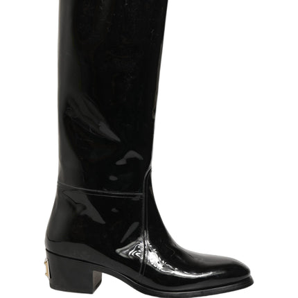 Dolce & Gabbana Black Leather Knee High Heels Boots Shoes