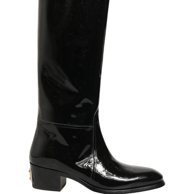 Dolce & Gabbana Black Leather Knee High Heels Boots Shoes