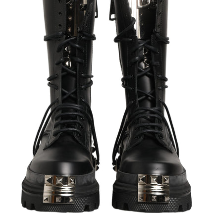 Dolce & Gabbana Black Stud Platform Combat High Boots Shoes