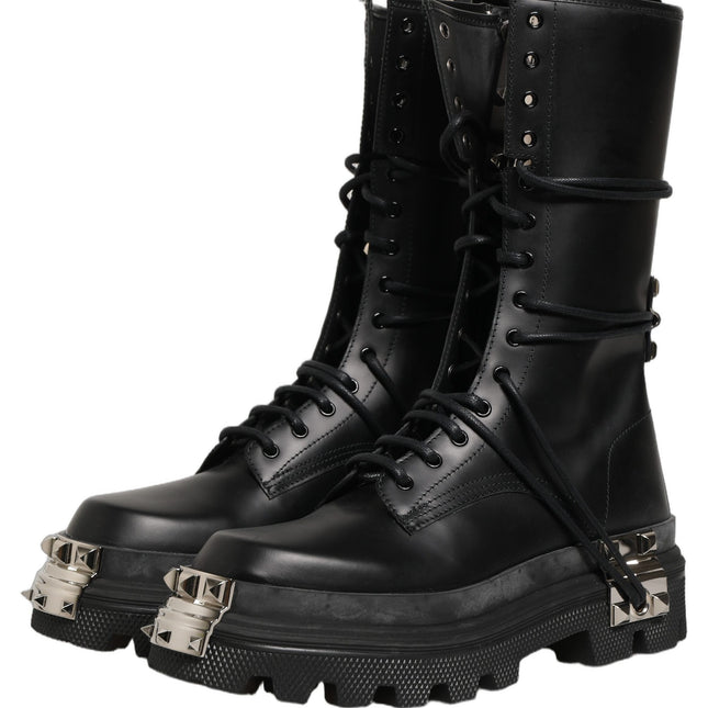 Dolce & Gabbana Black Stud Platform Combat High Boots Shoes
