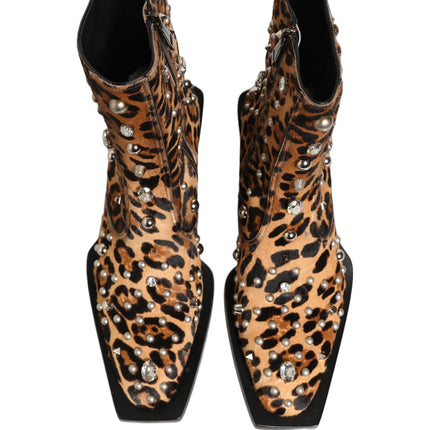 Dolce & Gabbana Brown Leopard Embellished Mid Calf Men Boots Shoes