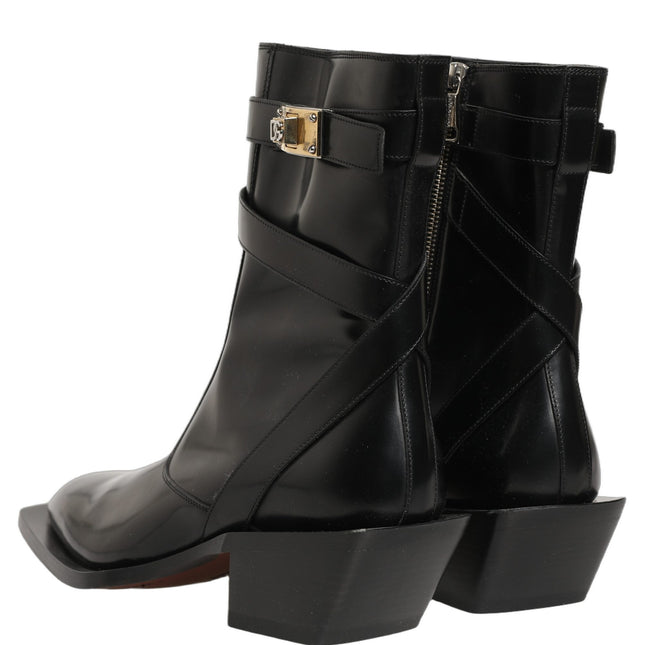 Dolce & Gabbana Black Leather DG Plaque Mid Calf Boots Shoes