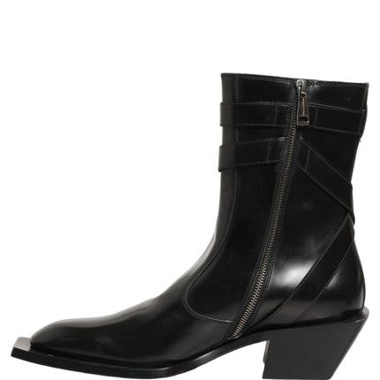 Dolce & Gabbana Black Leather DG Plaque Mid Calf Boots Shoes