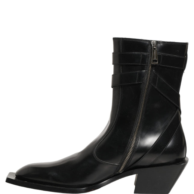 Dolce & Gabbana Black Leather DG Plaque Mid Calf Boots Shoes