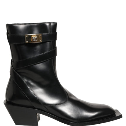 Dolce & Gabbana Black Leather DG Plaque Mid Calf Boots Shoes