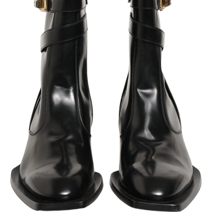 Dolce & Gabbana Black Leather DG Plaque Mid Calf Boots Shoes
