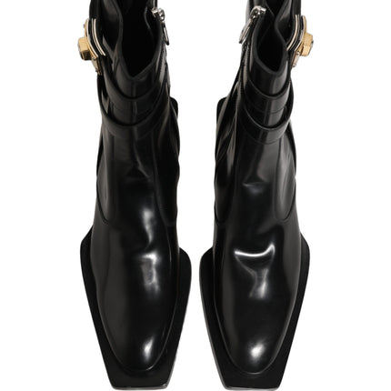 Dolce & Gabbana Black Leather DG Plaque Mid Calf Boots Shoes