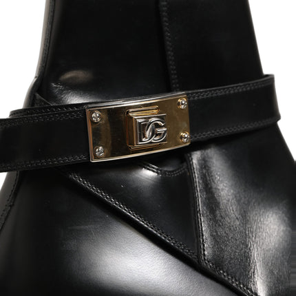 Dolce & Gabbana Black Leather DG Plaque Ankle Boots Shoes