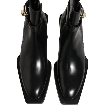 Dolce & Gabbana Black Leather DG Plaque Ankle Boots Shoes