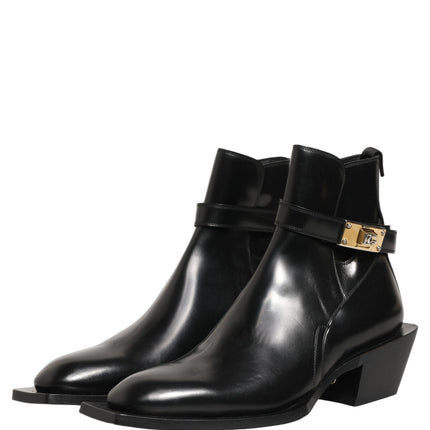 Dolce & Gabbana Black Leather DG Plaque Ankle Boots Shoes