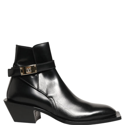 Dolce & Gabbana Black Leather DG Plaque Ankle Boots Shoes