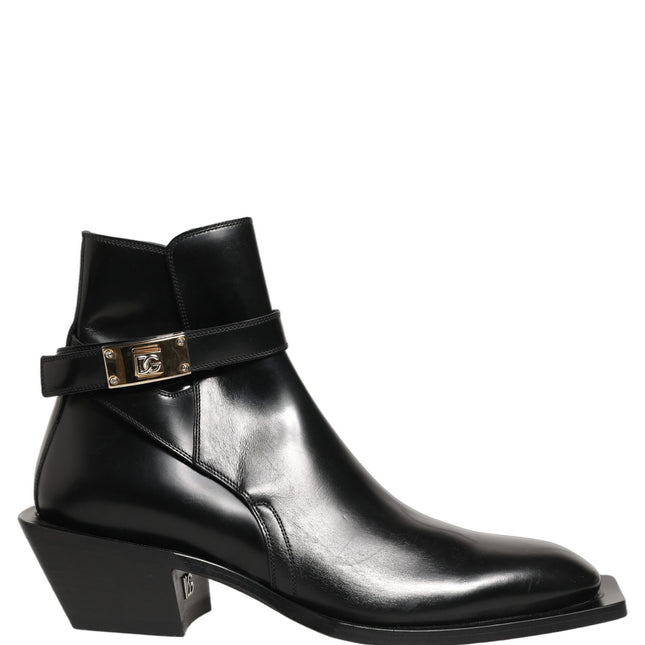 Dolce & Gabbana Black Leather DG Plaque Ankle Boots Shoes