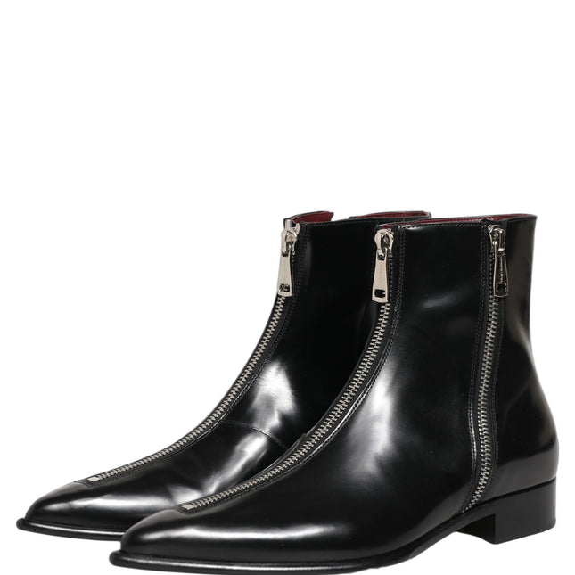 Dolce & Gabbana Black Leather Zipper Mid Calf Men Boots Shoes