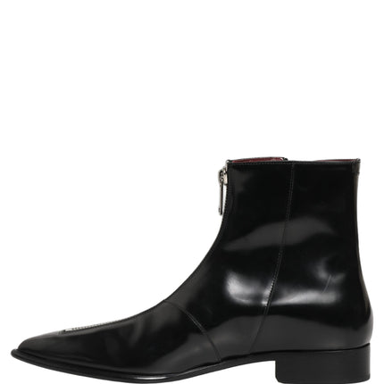 Dolce & Gabbana Black Leather Zipper Mid Calf Men Boots Shoes