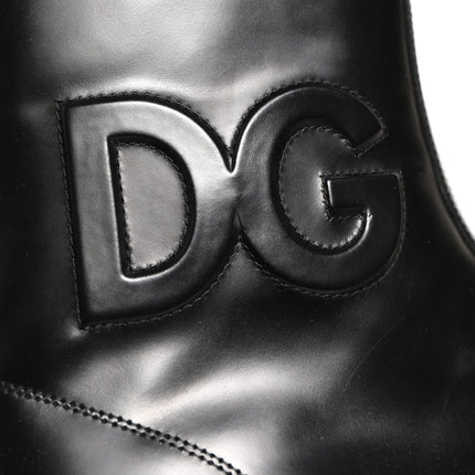 Dolce & Gabbana Black Leather Embossed Logo Ankle Boots Shoes