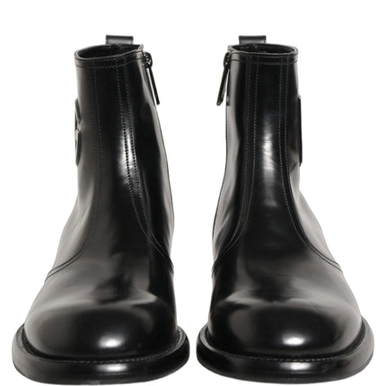 Dolce & Gabbana Black Leather Embossed Logo Ankle Boots Shoes