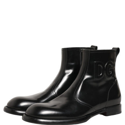 Dolce & Gabbana Black Leather Embossed Logo Ankle Boots Shoes