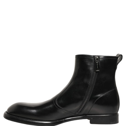 Dolce & Gabbana Black Leather Embossed Logo Ankle Boots Shoes